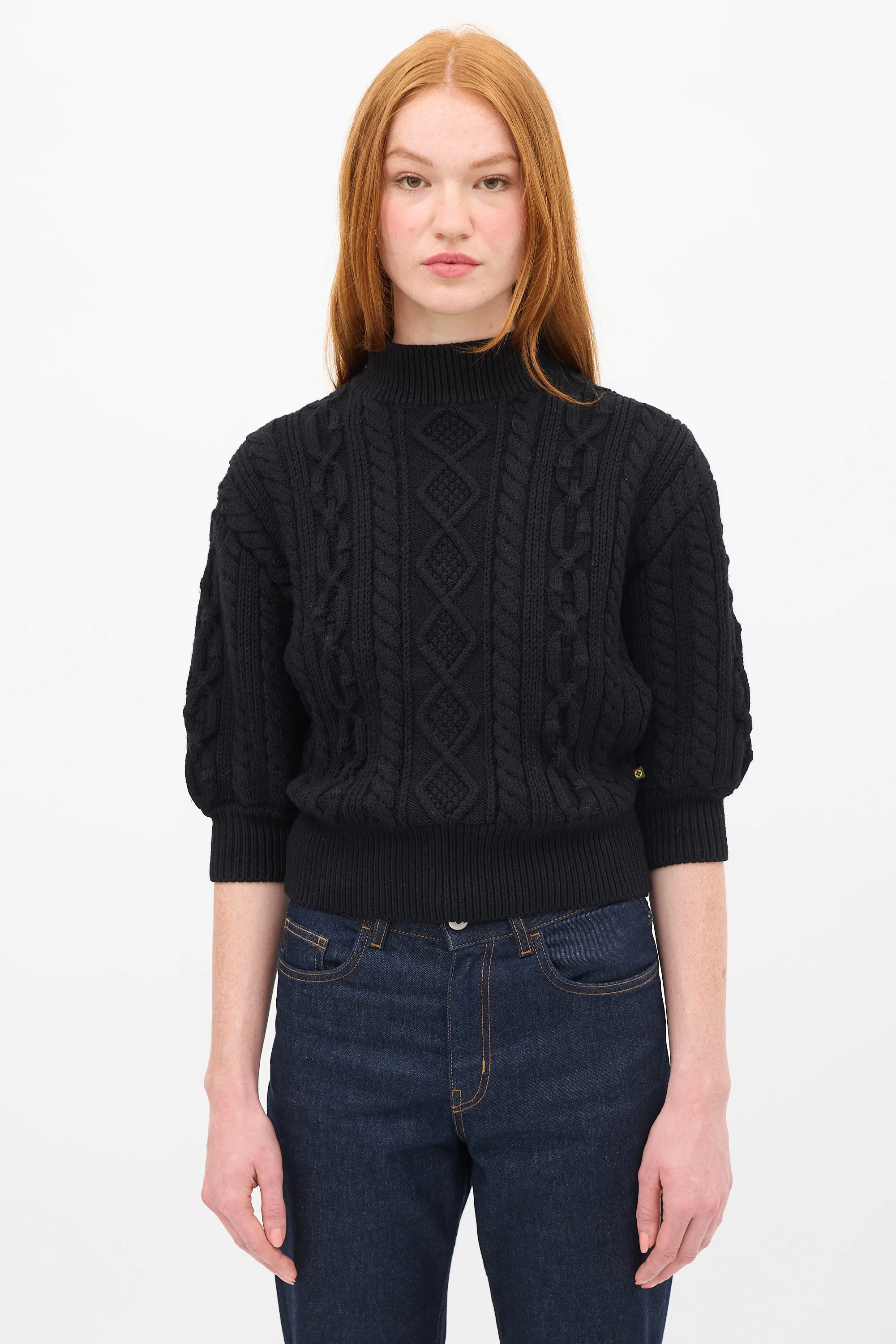 Black Wool Cable Knit Short Sleeve Sweater