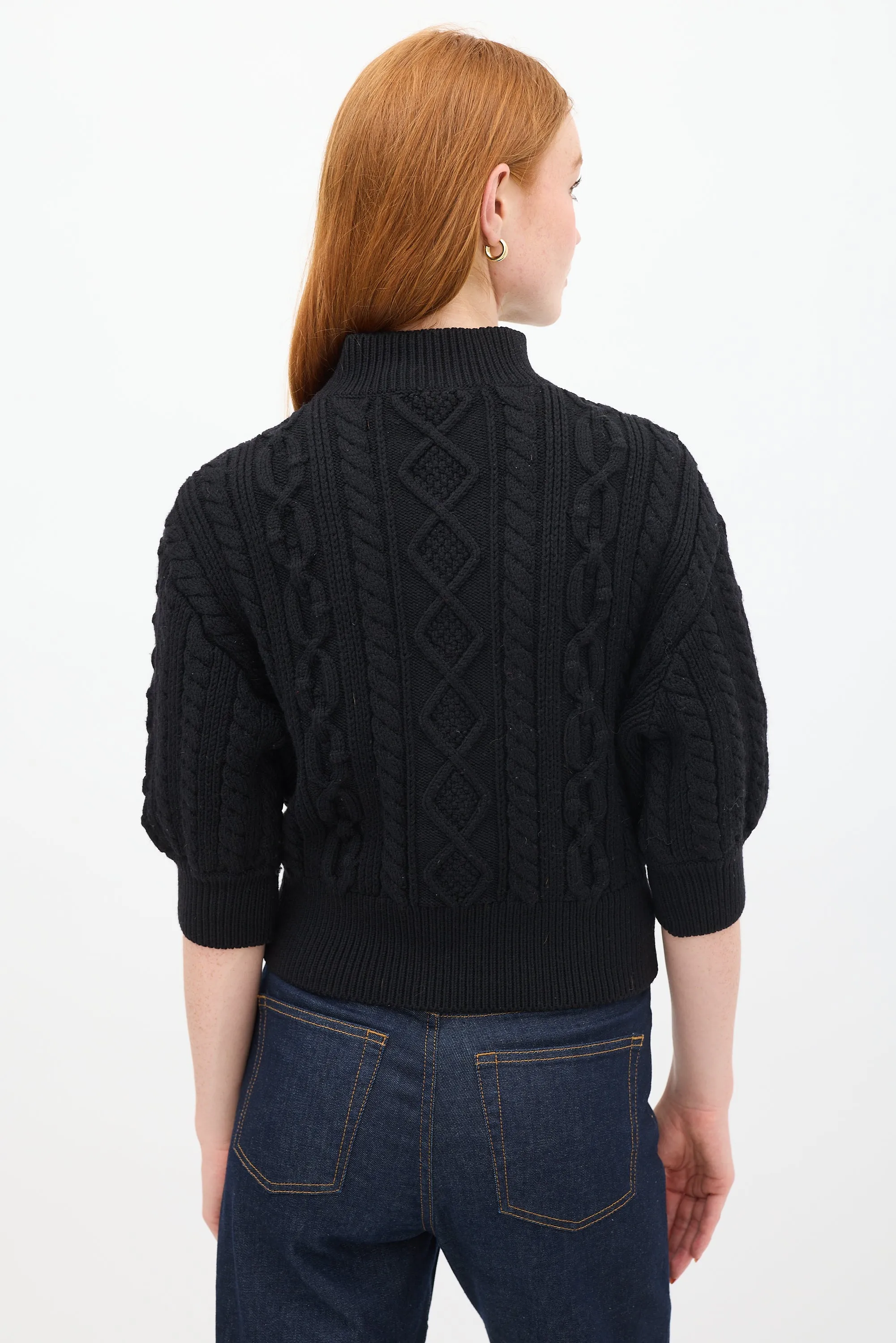 Black Wool Cable Knit Short Sleeve Sweater