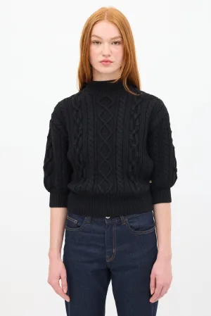 Black Wool Cable Knit Short Sleeve Sweater