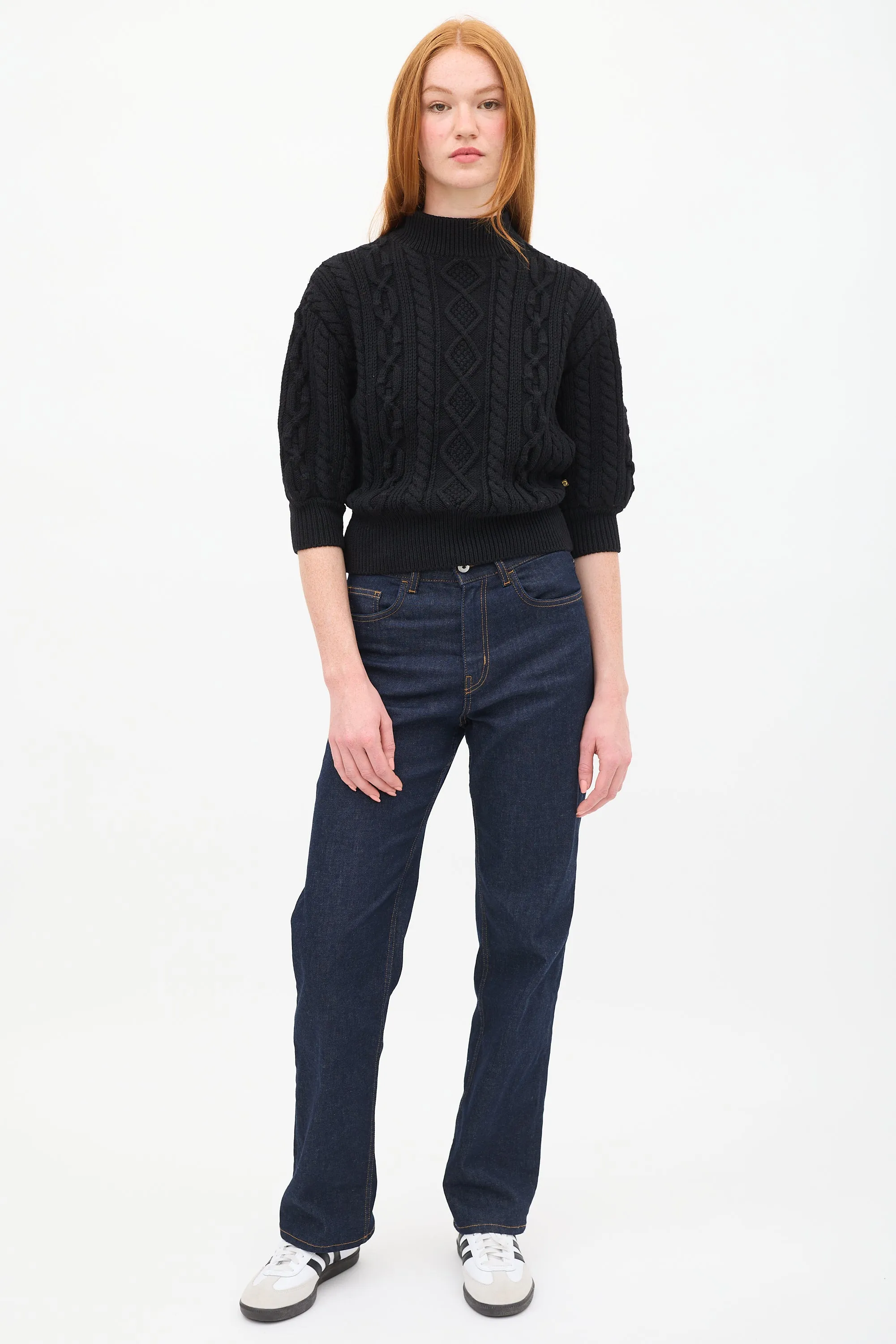 Black Wool Cable Knit Short Sleeve Sweater