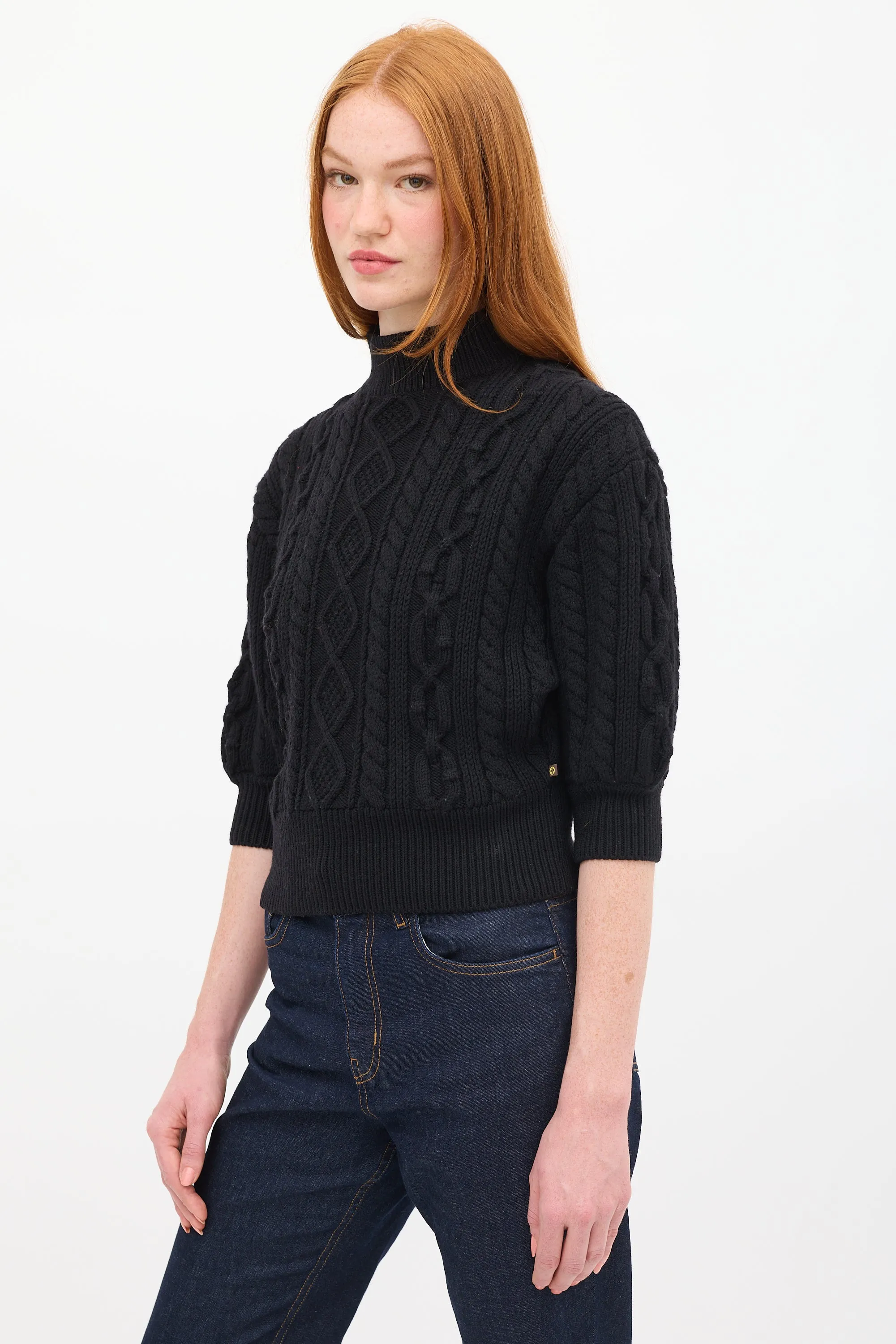 Black Wool Cable Knit Short Sleeve Sweater