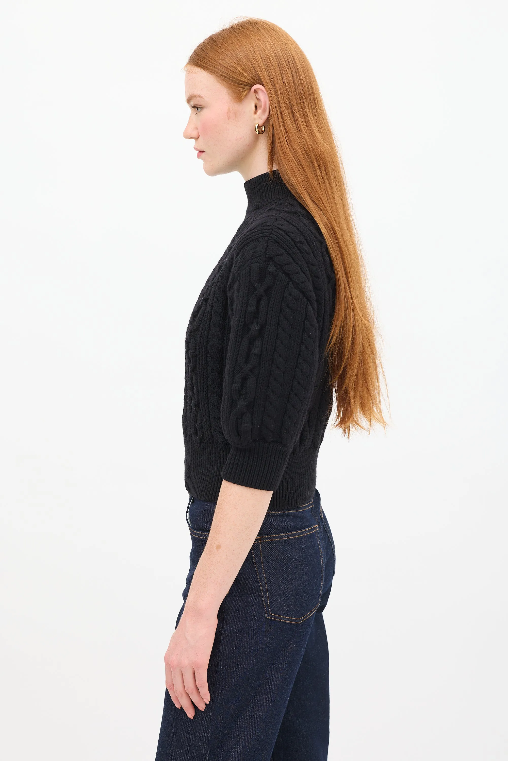 Black Wool Cable Knit Short Sleeve Sweater
