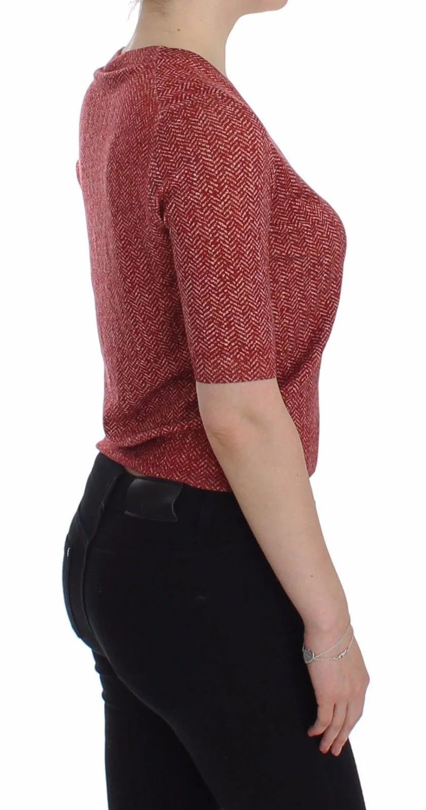Dolce & Gabbana Red Wool Tweed Short Sleeve Sweater Pullover
