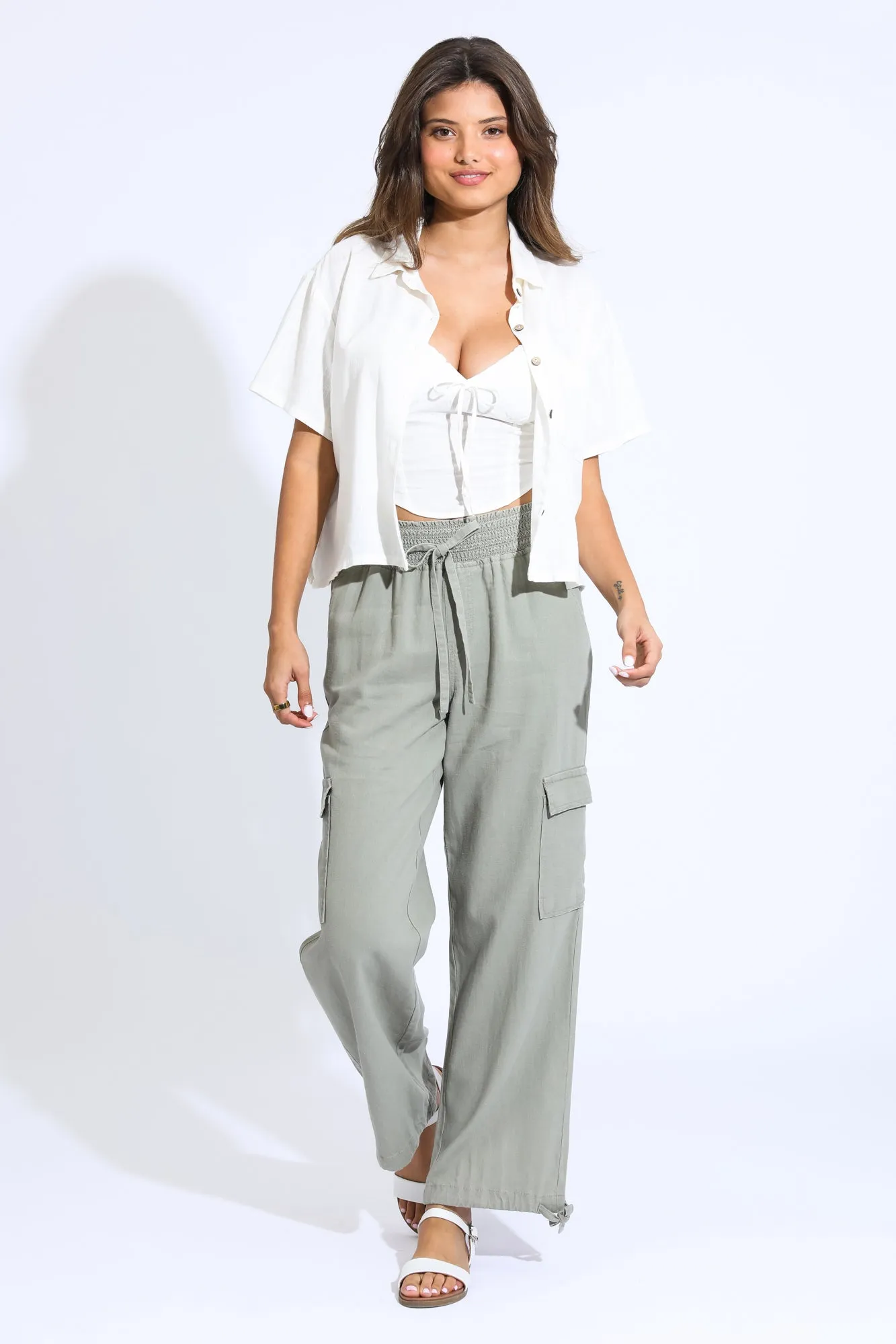 Emma Smock Waist Cargo Pant - Tree Leaf