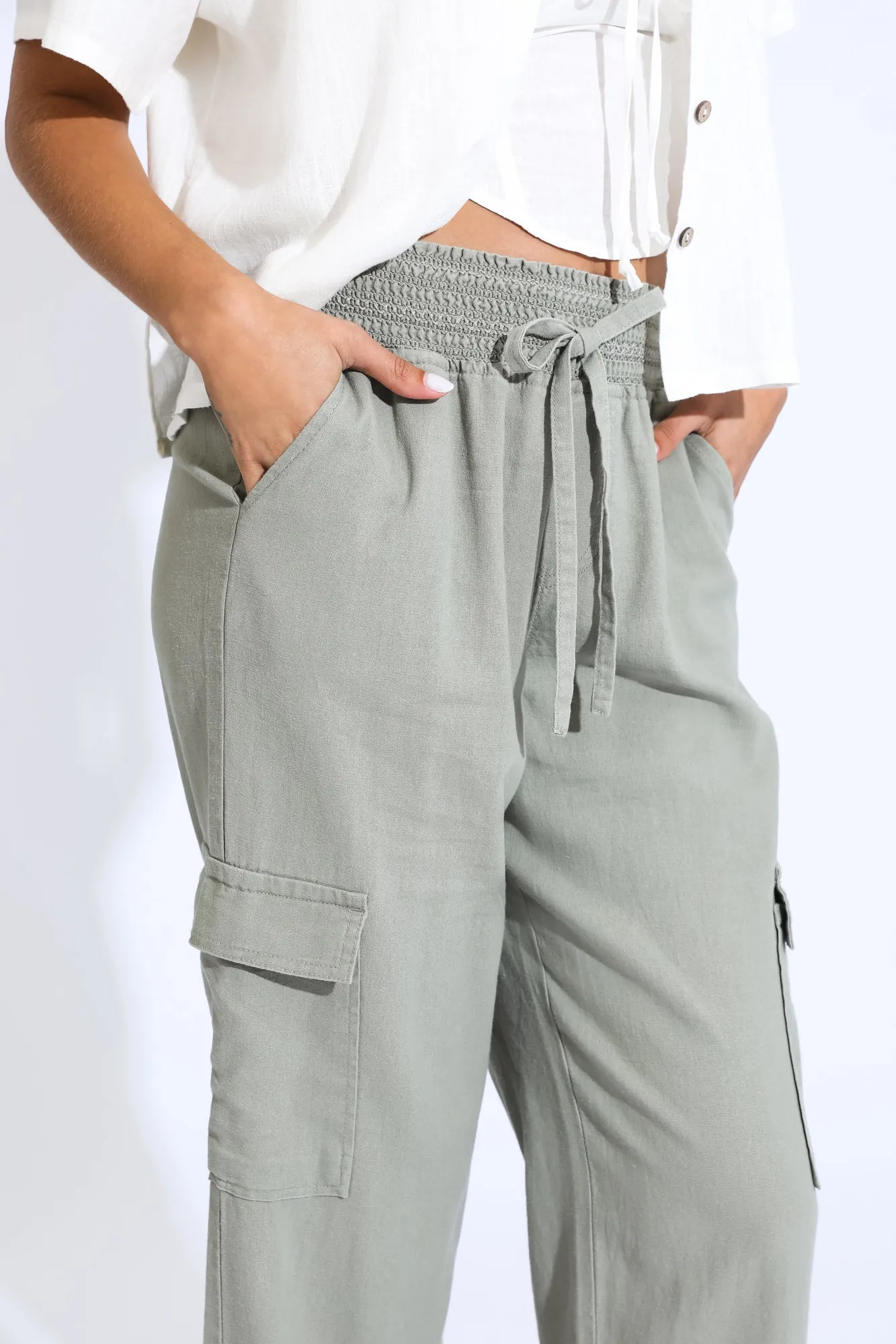 Emma Smock Waist Cargo Pant - Tree Leaf