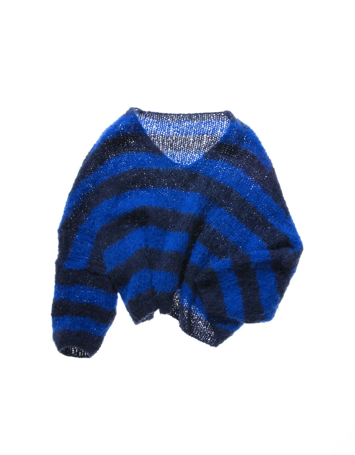 Hand-knit V neck batwing sweater (Alpaca) - Blue stripe