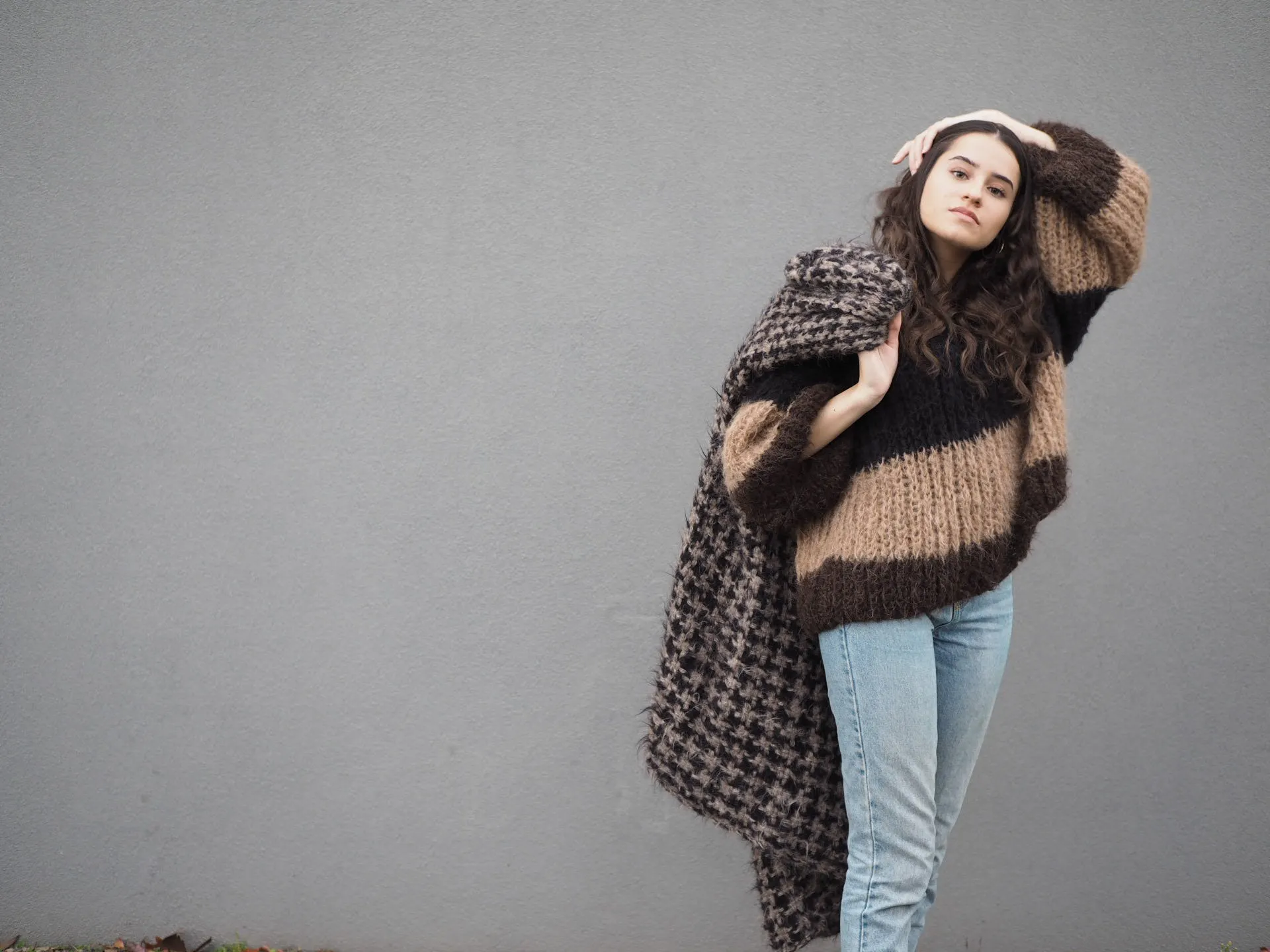 Hand knit V neck sweater - tri colour