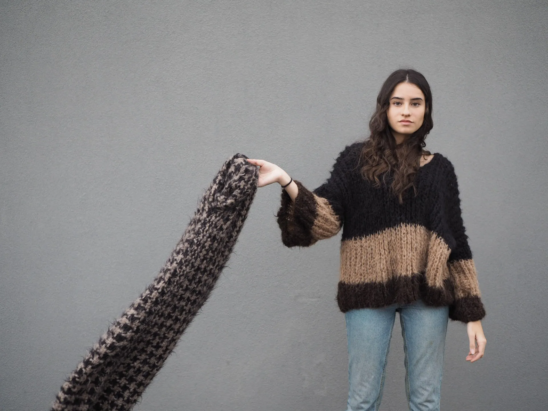 Hand knit V neck sweater - tri colour