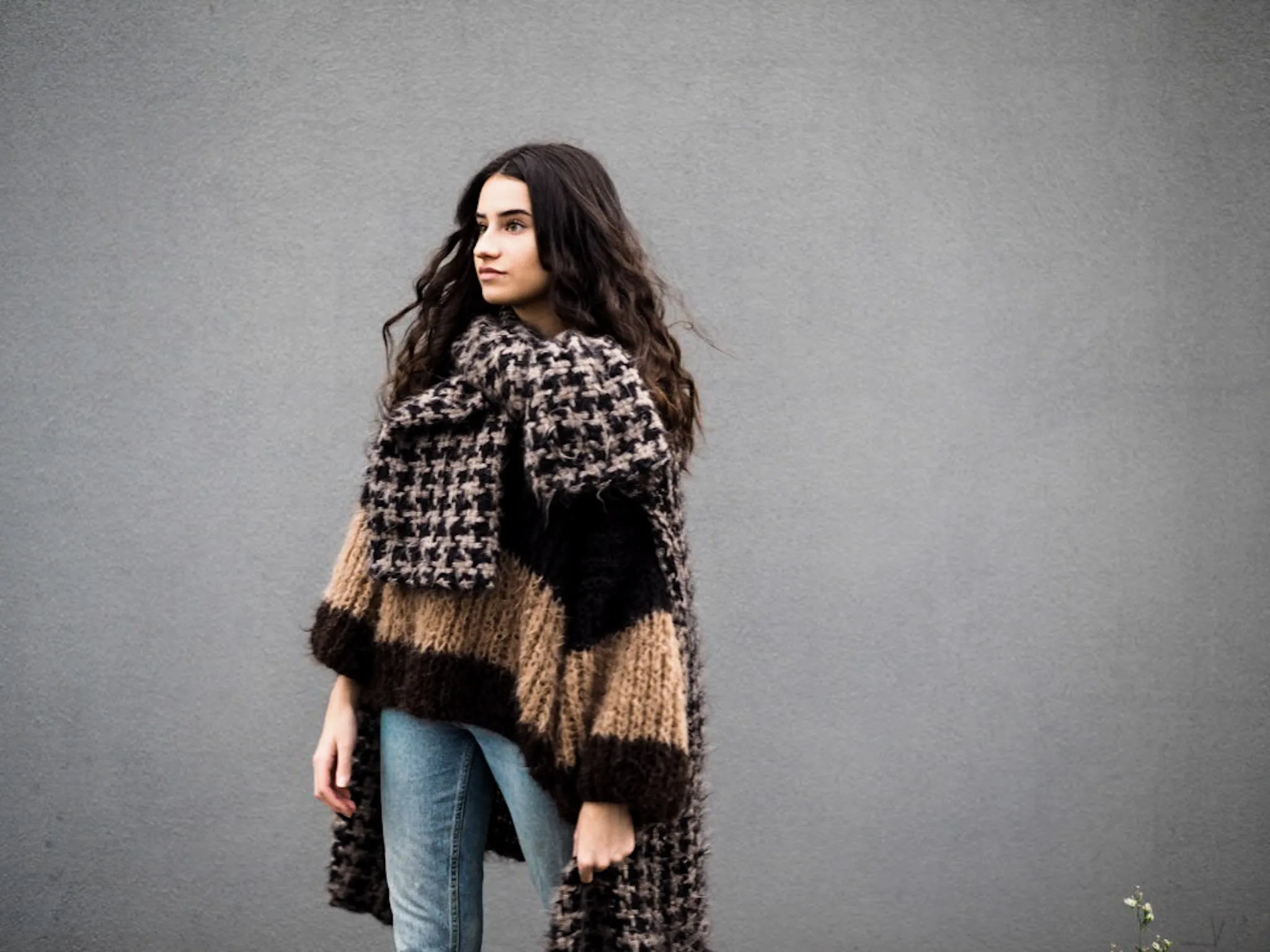 Hand knit V neck sweater - tri colour