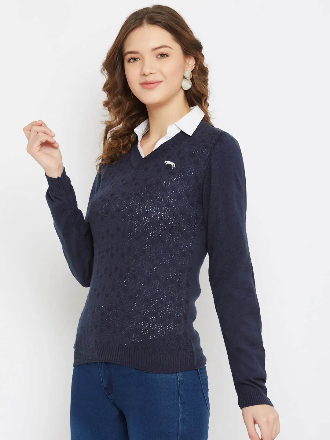 JUMP USA Women Navy Blue Self Design Sweater