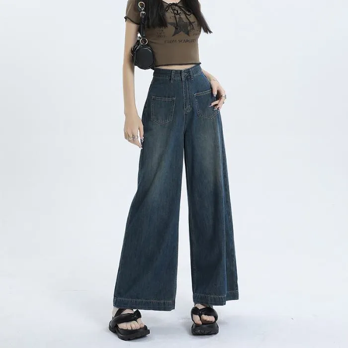 Loose Fit Retro Street Style High-Waisted Wide Leg Jeans
