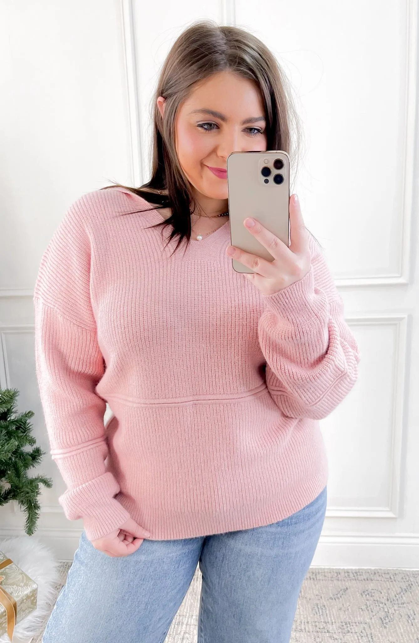 Oversized Knit Hooded V-Neck Sweater
