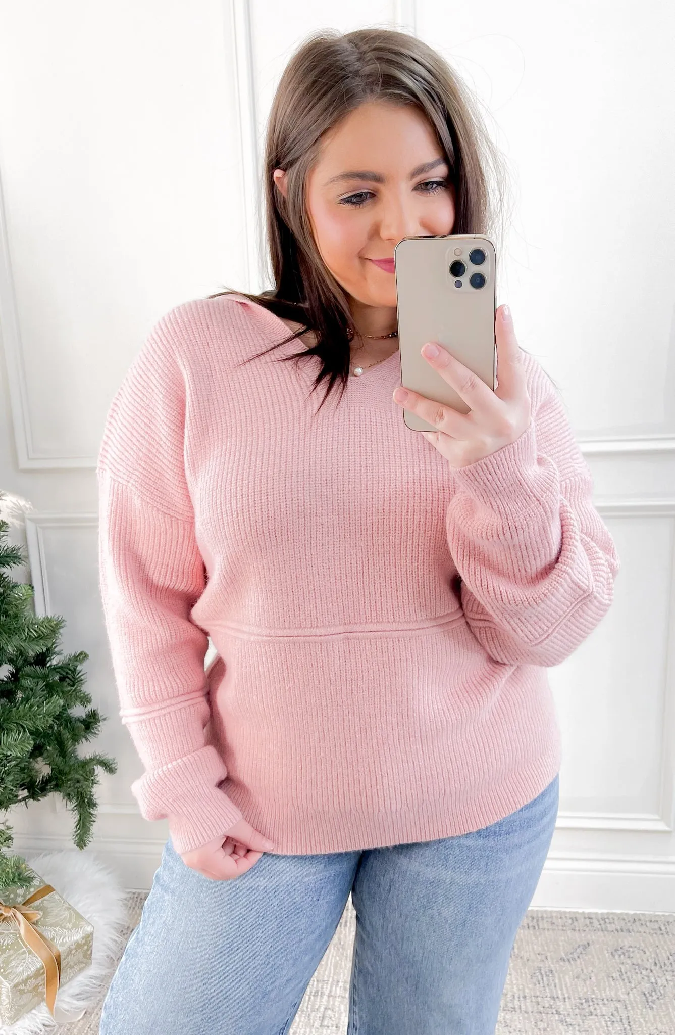Oversized Knit Hooded V-Neck Sweater