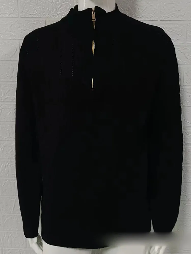 Zipper Solid Color Crew Neck Knitted Sweater